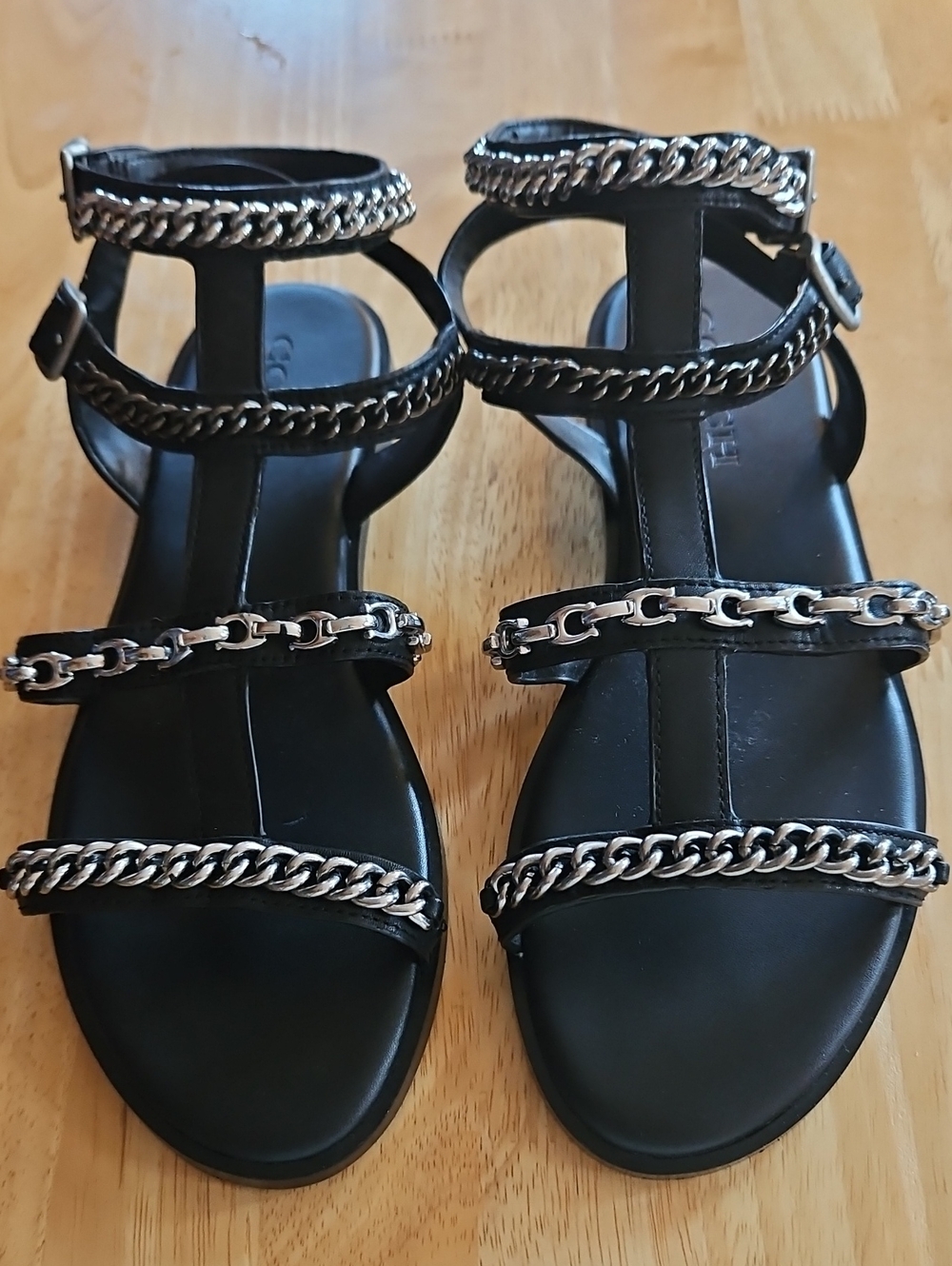 Coach Haddie Gladiator Black Leather Women's Sandals with Silver Chain Detail